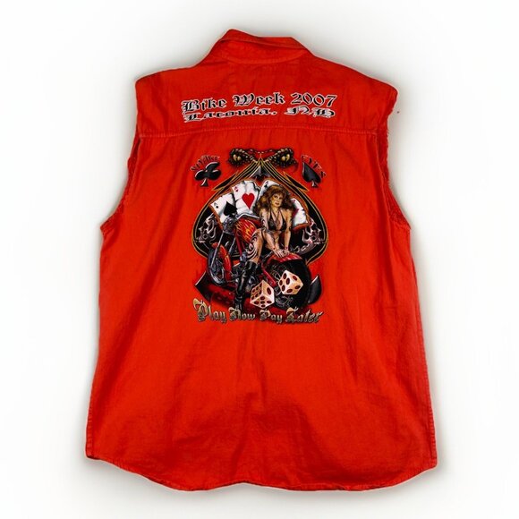 Y2K USA Biker Design Vest Mens L Orange Sleeveless Cut Off Bike Week 2007 - Picture 1 of 16